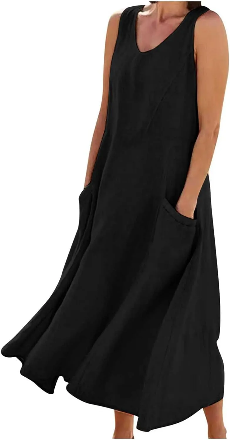 Summer Dresses for Women 2024 Sleeveless Cotton Linen Dress Casual Solid Color V Neck Dress Loose Fit Long Dresses