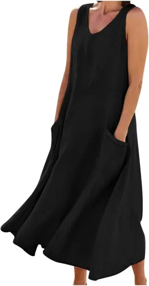 Summer Dresses for Women 2024 Sleeveless Cotton Linen Dress Casual Solid Color V Neck Dress Loose Fit Long Dresses