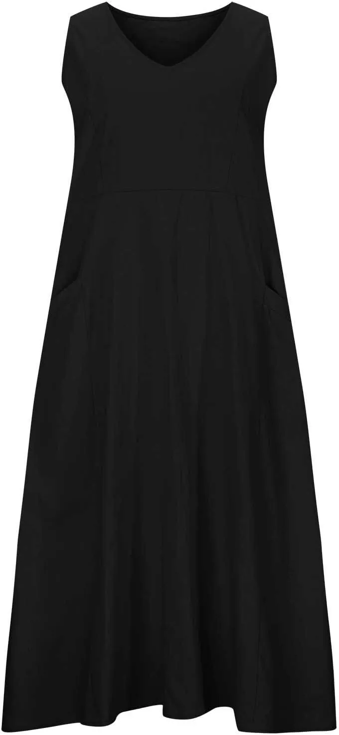 Summer Dresses for Women 2024 Sleeveless Cotton Linen Dress Casual Solid Color V Neck Dress Loose Fit Long Dresses