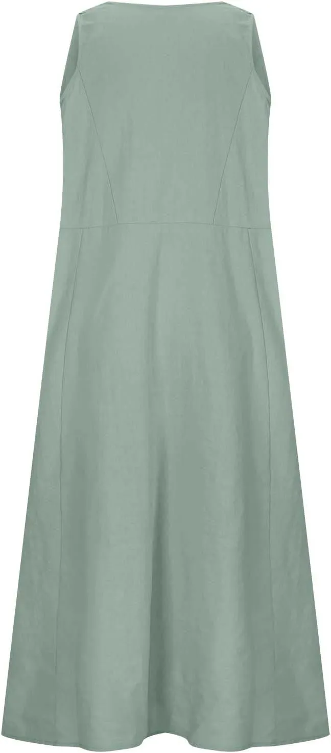 Summer Dresses for Women 2024 Sleeveless Cotton Linen Dress Casual Solid Color V Neck Dress Loose Fit Long Dresses