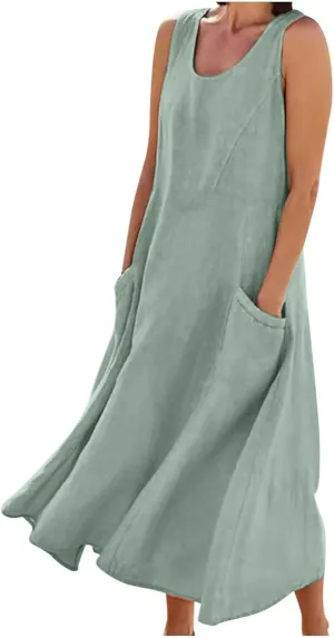 Summer Dresses for Women 2024 Sleeveless Cotton Linen Dress Casual Solid Color V Neck Dress Loose Fit Long Dresses