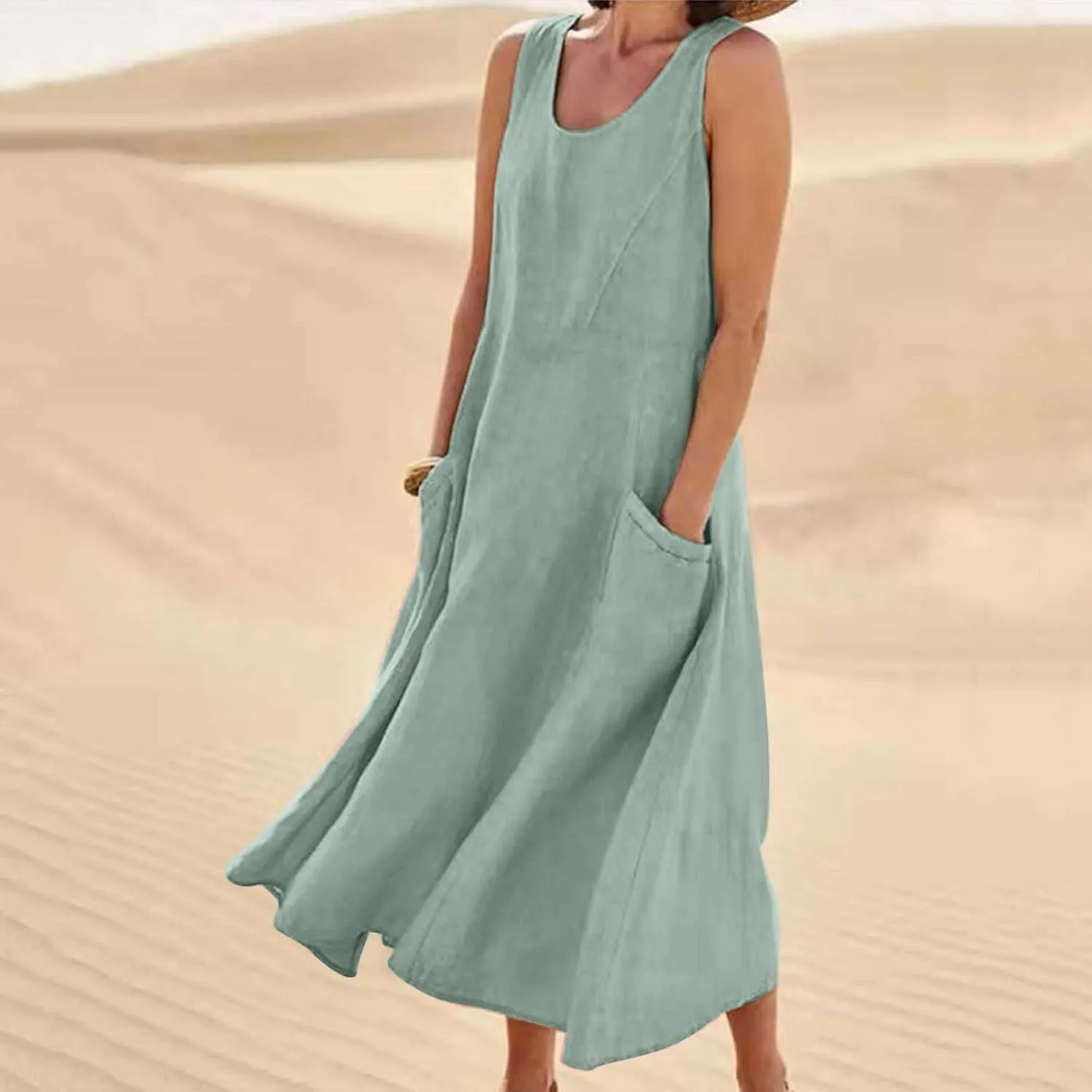 Summer Dresses for Women 2024 Sleeveless Cotton Linen Dress Casual Solid Color V Neck Dress Loose Fit Long Dresses