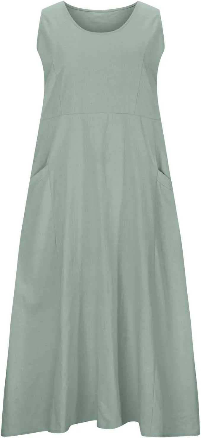Summer Dresses for Women 2024 Sleeveless Cotton Linen Dress Casual Solid Color V Neck Dress Loose Fit Long Dresses