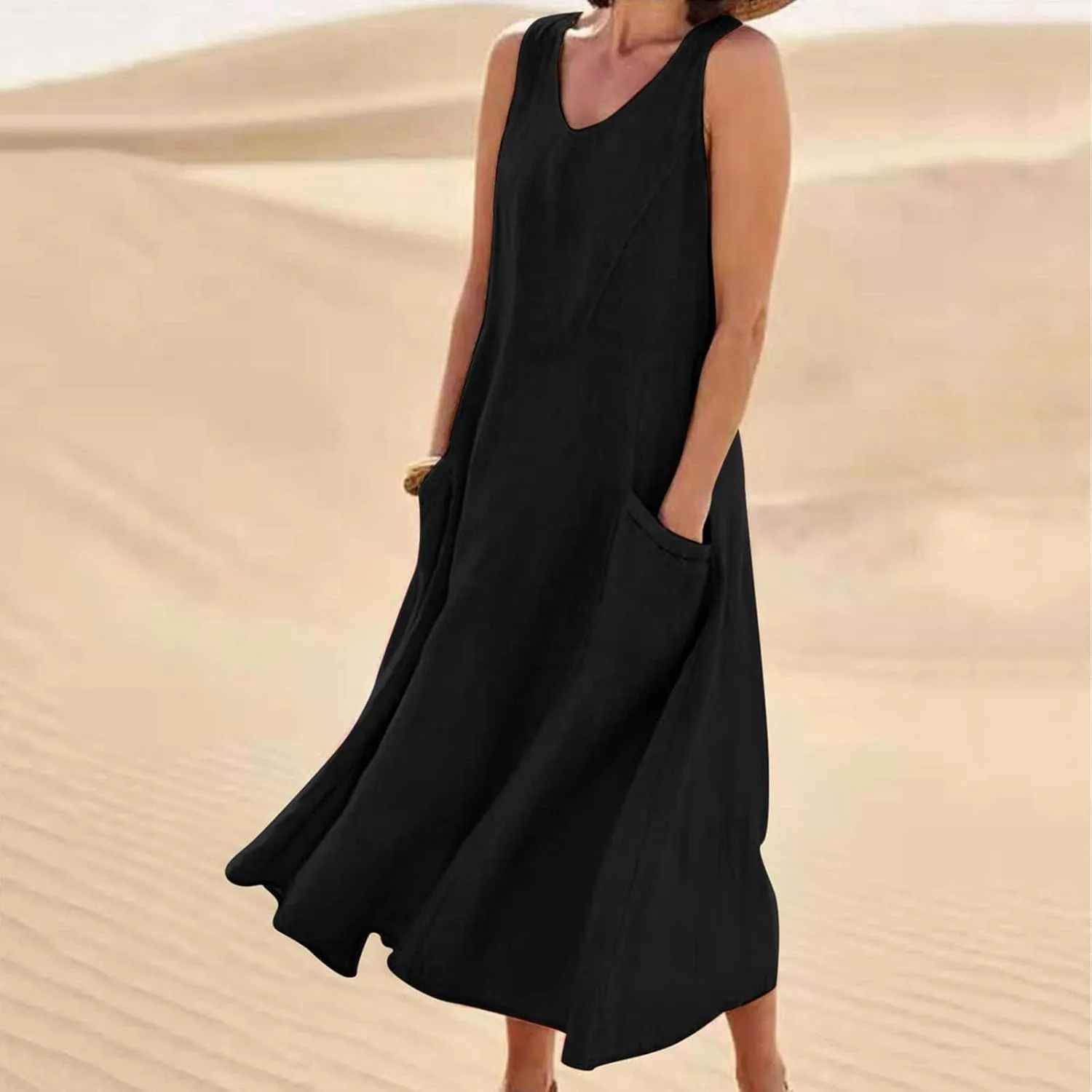 Summer Dresses for Women 2024 Sleeveless Cotton Linen Dress Casual Solid Color V Neck Dress Loose Fit Long Dresses
