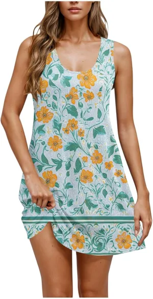 Summer Dresses for Women 2025 Boho Floral Sleeveless Midi Dress Pleated Flowy Dress Casual Loose Beach Outfits
