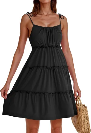 Summer Dresses for Women 2025 Casual Spaghetti Strap Sleeveless Boho Dress Tiered Ruffle Flowy Swing Mini Beach Sundress
