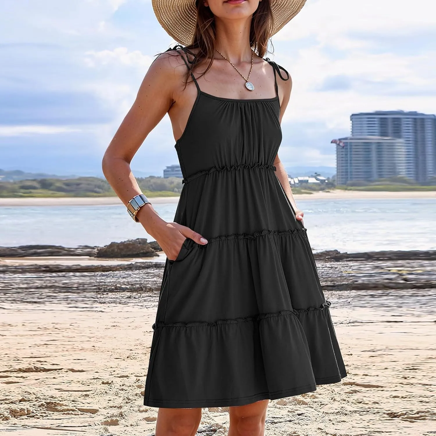 Summer Dresses for Women 2025 Casual Spaghetti Strap Sleeveless Boho Dress Tiered Ruffle Flowy Swing Mini Beach Sundress