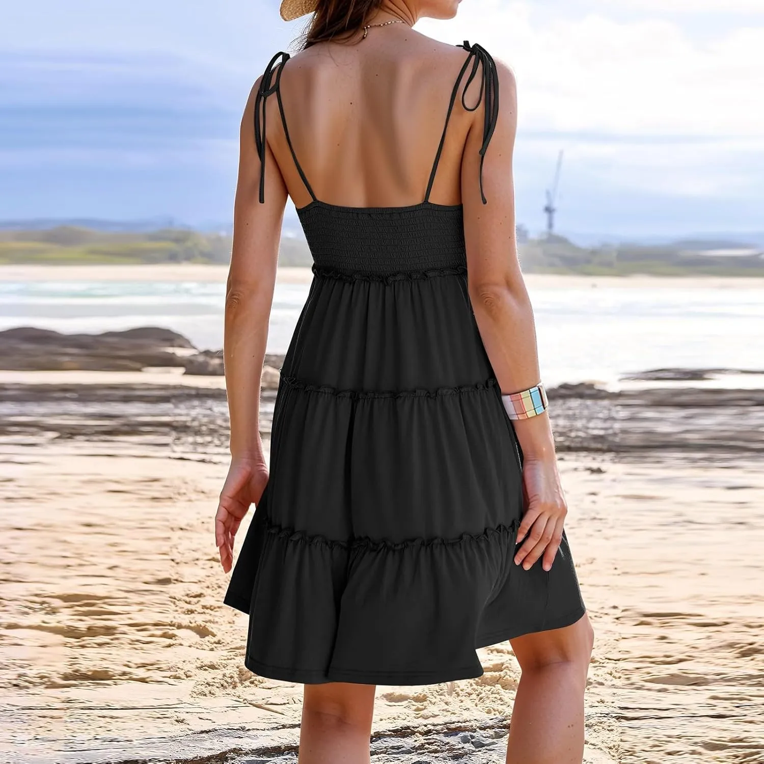 Summer Dresses for Women 2025 Casual Spaghetti Strap Sleeveless Boho Dress Tiered Ruffle Flowy Swing Mini Beach Sundress