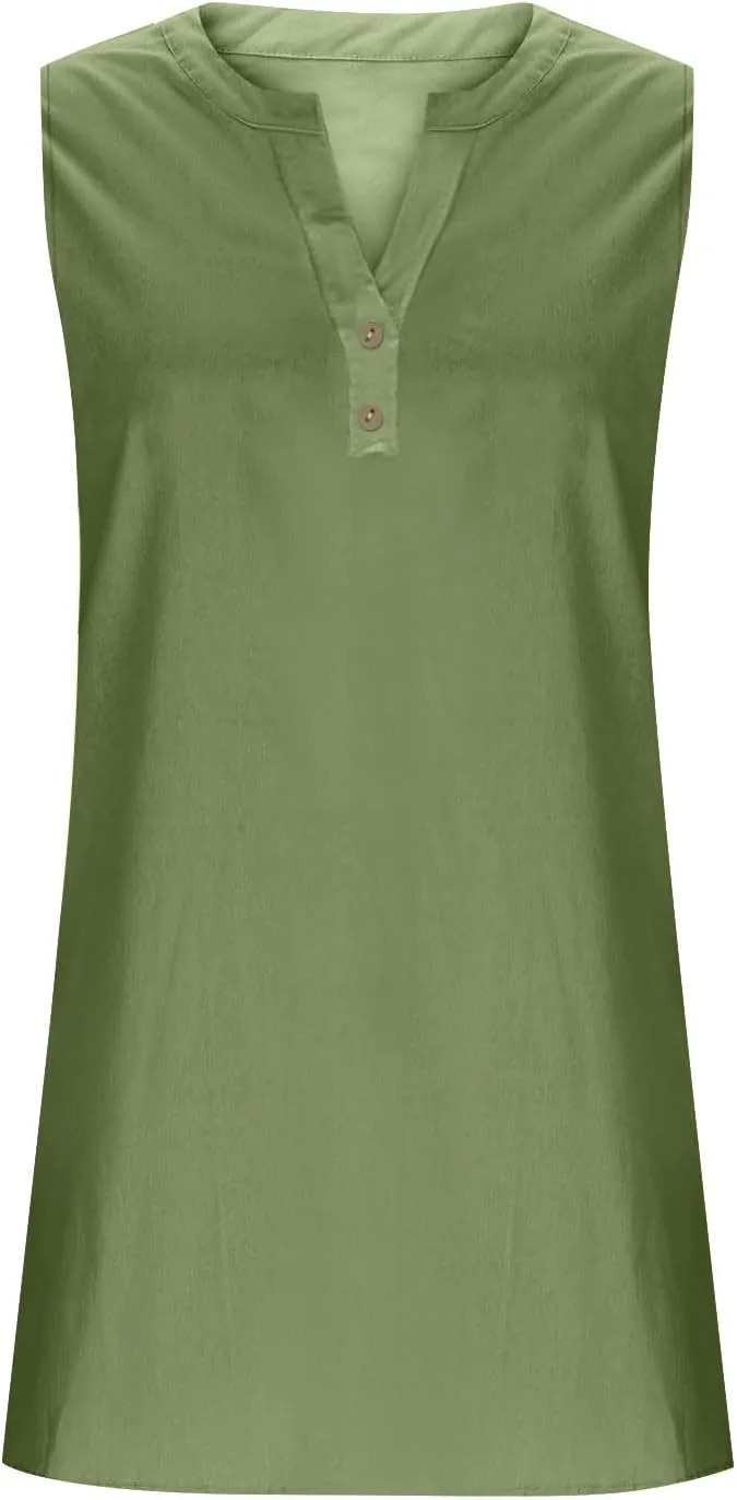 Summer Dresses for Women 2025 Cotton Linen Dress Tshirt Casual Hawaiian Sleeveless Button V-Neck Midi Boho Sundress