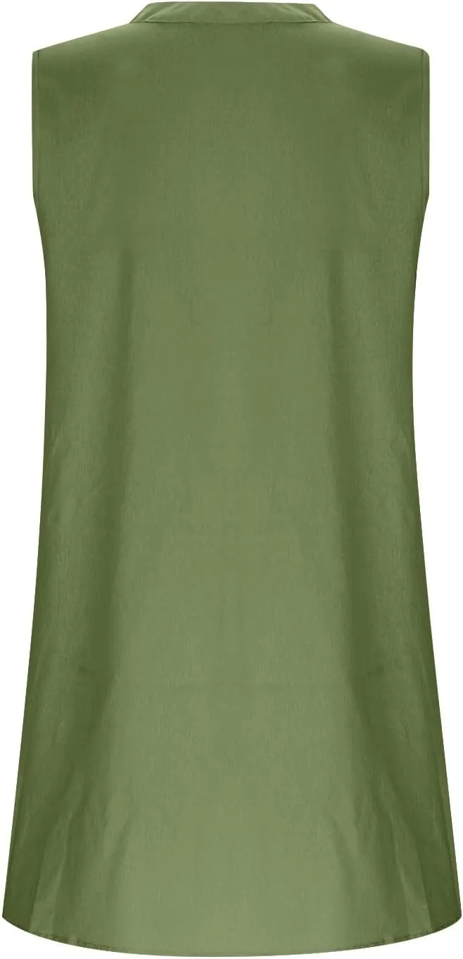 Summer Dresses for Women 2025 Cotton Linen Dress Tshirt Casual Hawaiian Sleeveless Button V-Neck Midi Boho Sundress