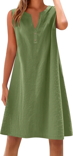 Summer Dresses for Women 2025 Cotton Linen Dress Tshirt Casual Hawaiian Sleeveless Button V-Neck Midi Boho Sundress