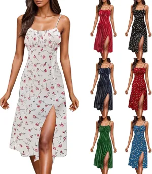 Summer Dresses for Women 2025 Polka Dot Dress Midi Dress Spaghetti Strap Slit Sundress Beach Vacation Clothes