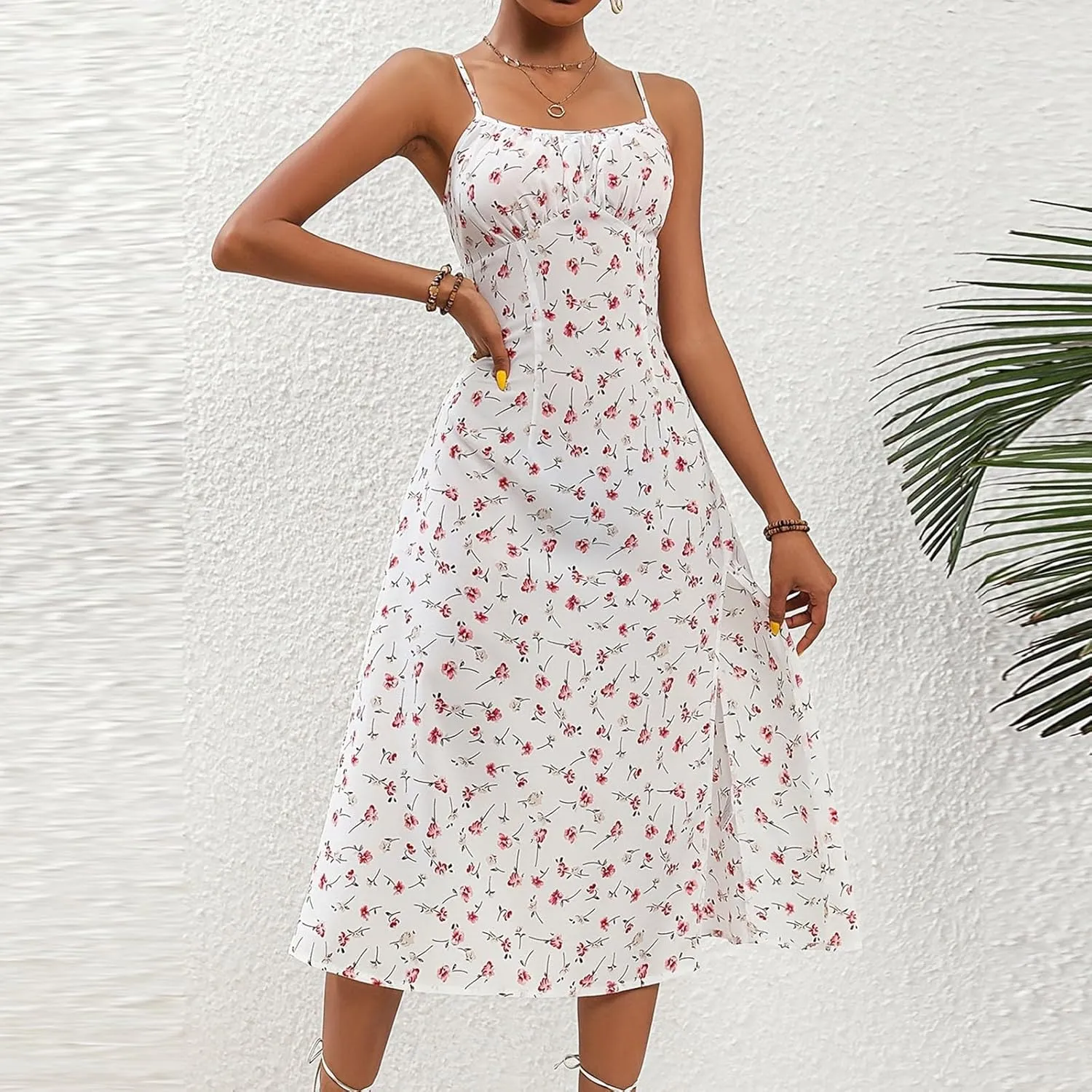 Summer Dresses for Women 2025 Polka Dot Dress Midi Dress Spaghetti Strap Slit Sundress Beach Vacation Clothes
