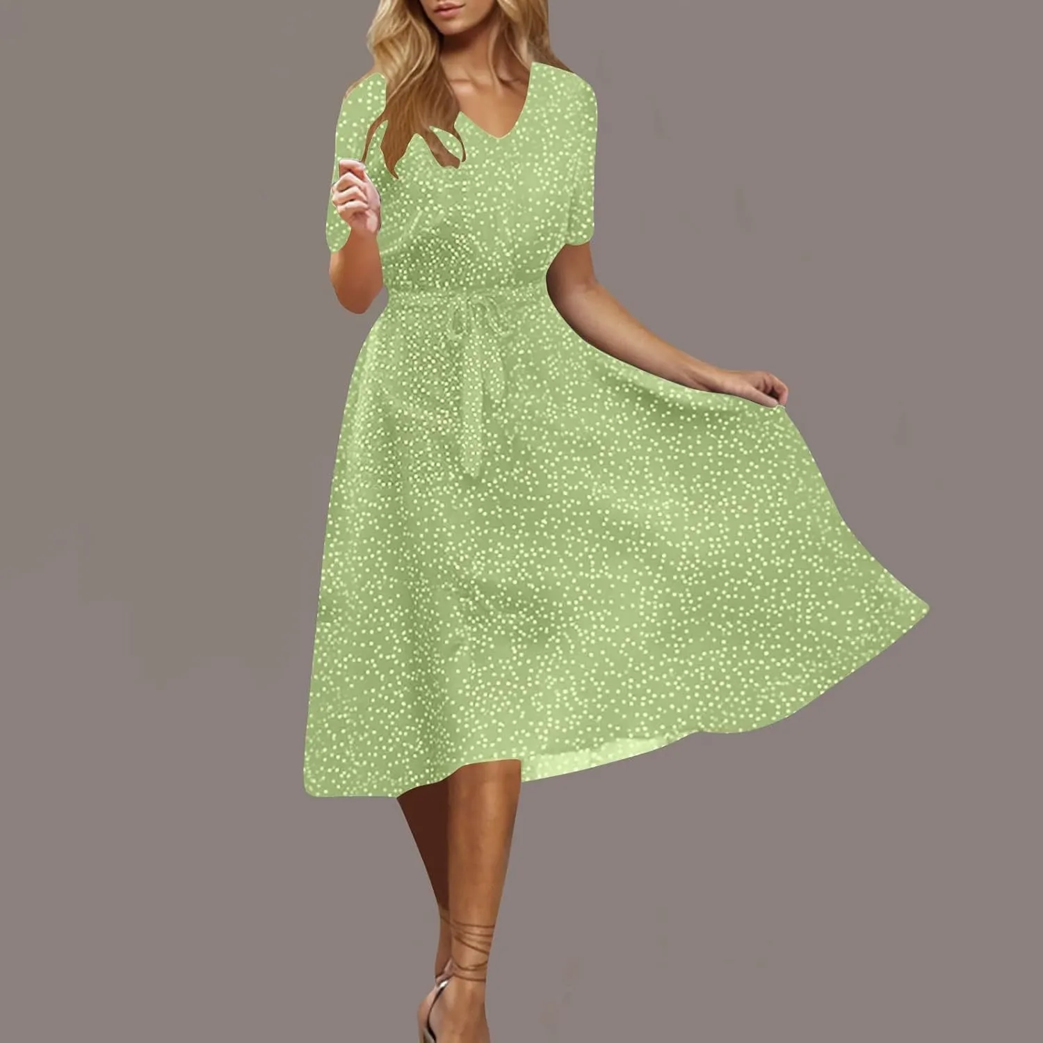 Summer Dresses for Women 2025 Short Sleeve Polka Dot Midi Dress V Neck A Line Sundress Beach Vacation Flowy Dresses