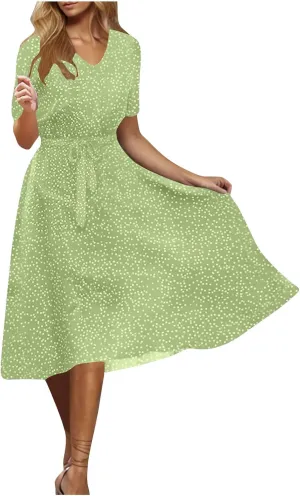 Summer Dresses for Women 2025 Short Sleeve Polka Dot Midi Dress V Neck A Line Sundress Beach Vacation Flowy Dresses