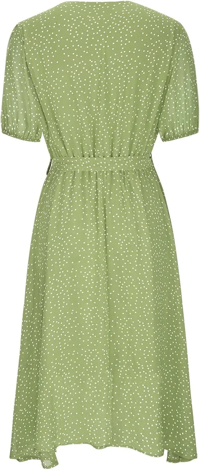 Summer Dresses for Women 2025 Short Sleeve Polka Dot Midi Dress V Neck A Line Sundress Beach Vacation Flowy Dresses