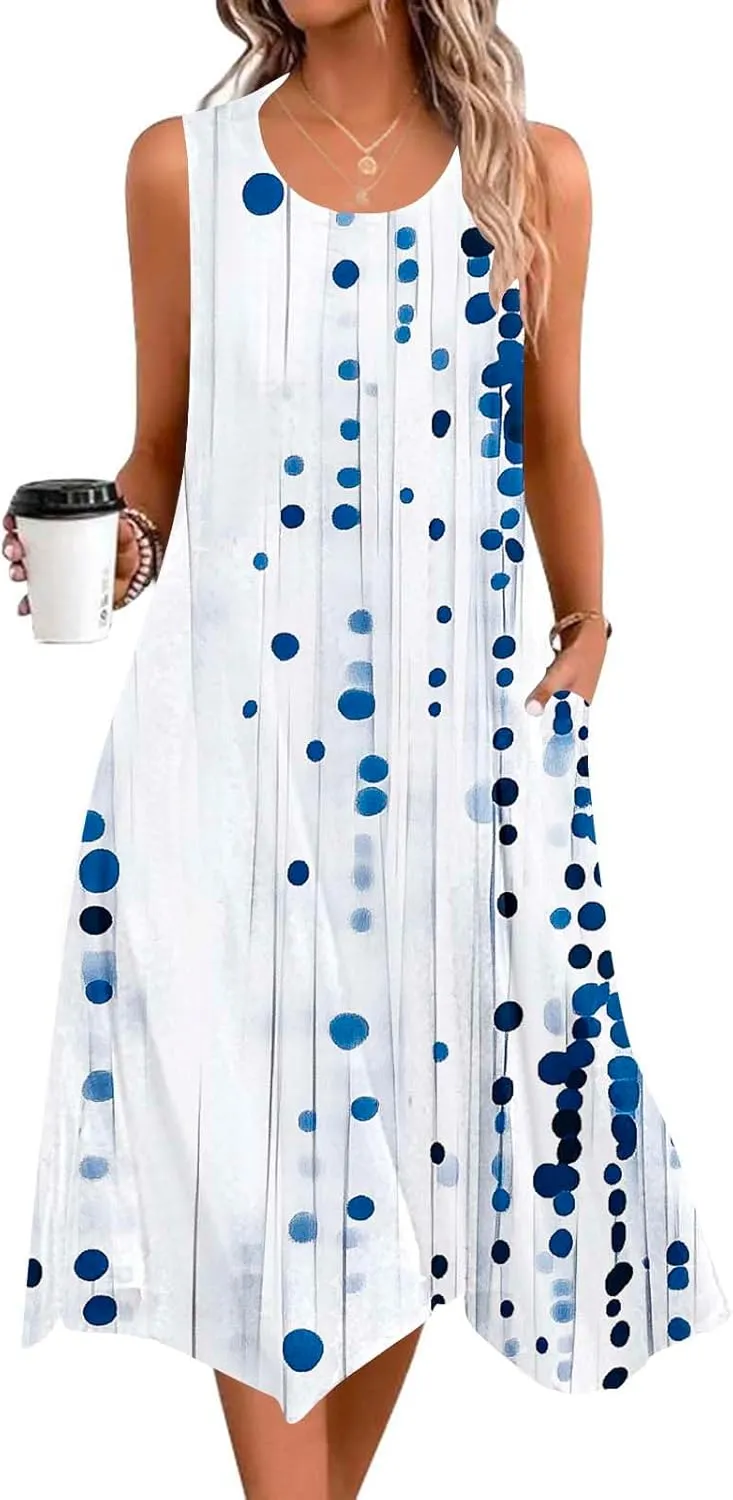 Summer Dresses for Women 2025 Sleeveless Floral Midi Dress Casual Tank Dress Loose Flowy Beach Dress with Pockets
