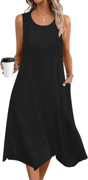 Summer Dresses for Women 2025 Sleeveless Floral Midi Dress Casual Tank Dress Loose Flowy Beach Dress with Pockets