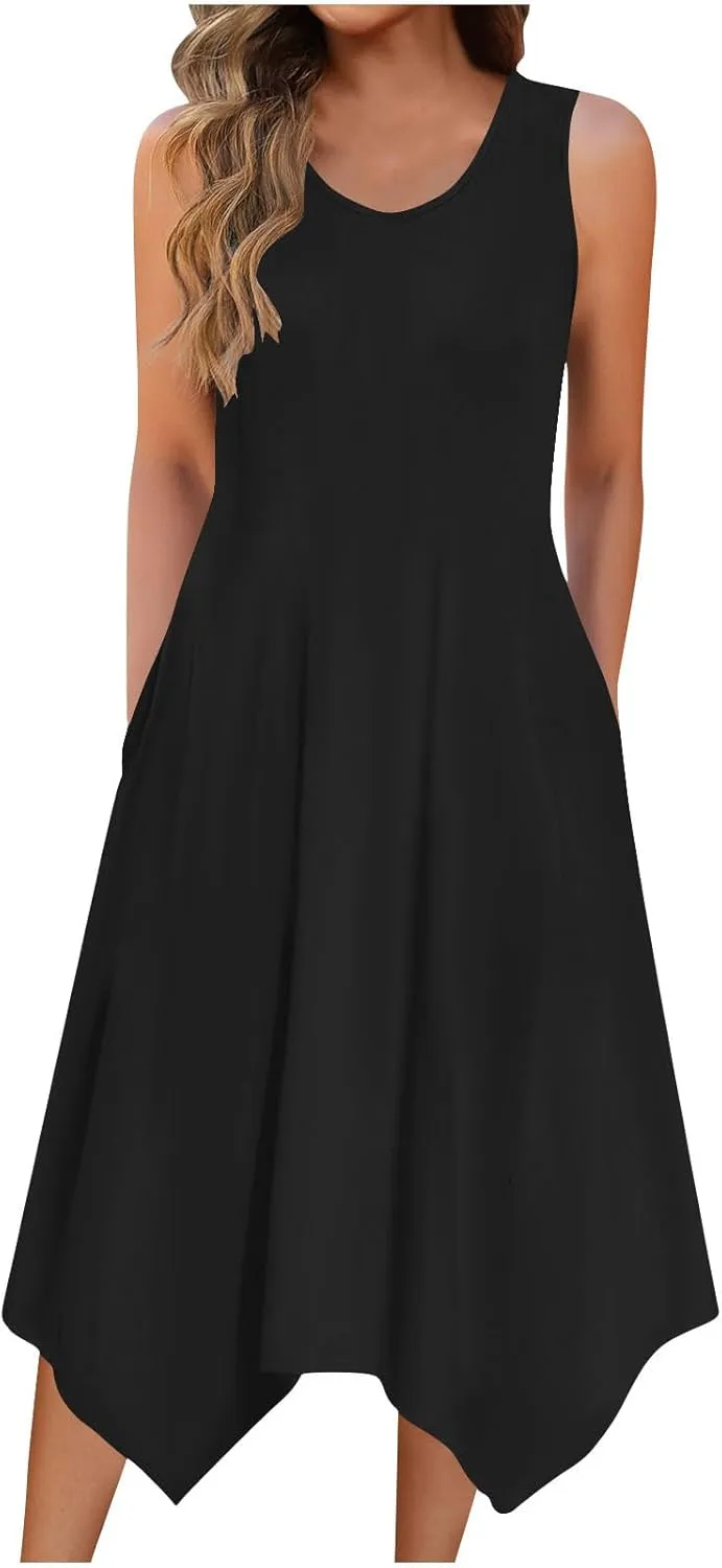 Summer Dresses for Women 2025 Sleeveless Floral Midi Dress Casual Tank Dress Loose Flowy Beach Dress with Pockets