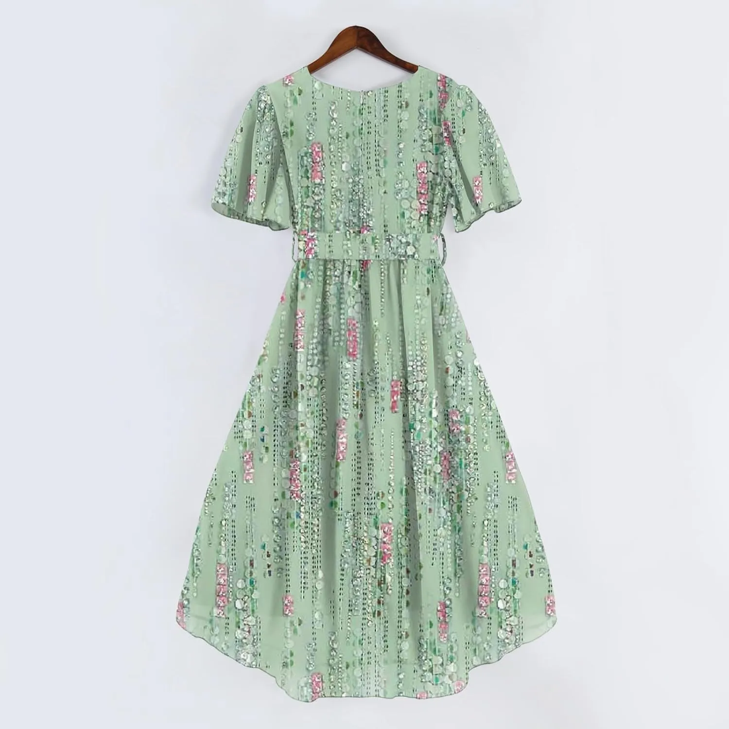 Summer Dresses for Women 2025 V Neck Chiffon Short Sleeve Midi Dress Empire Waist Casual Loose Fit A Line Dress