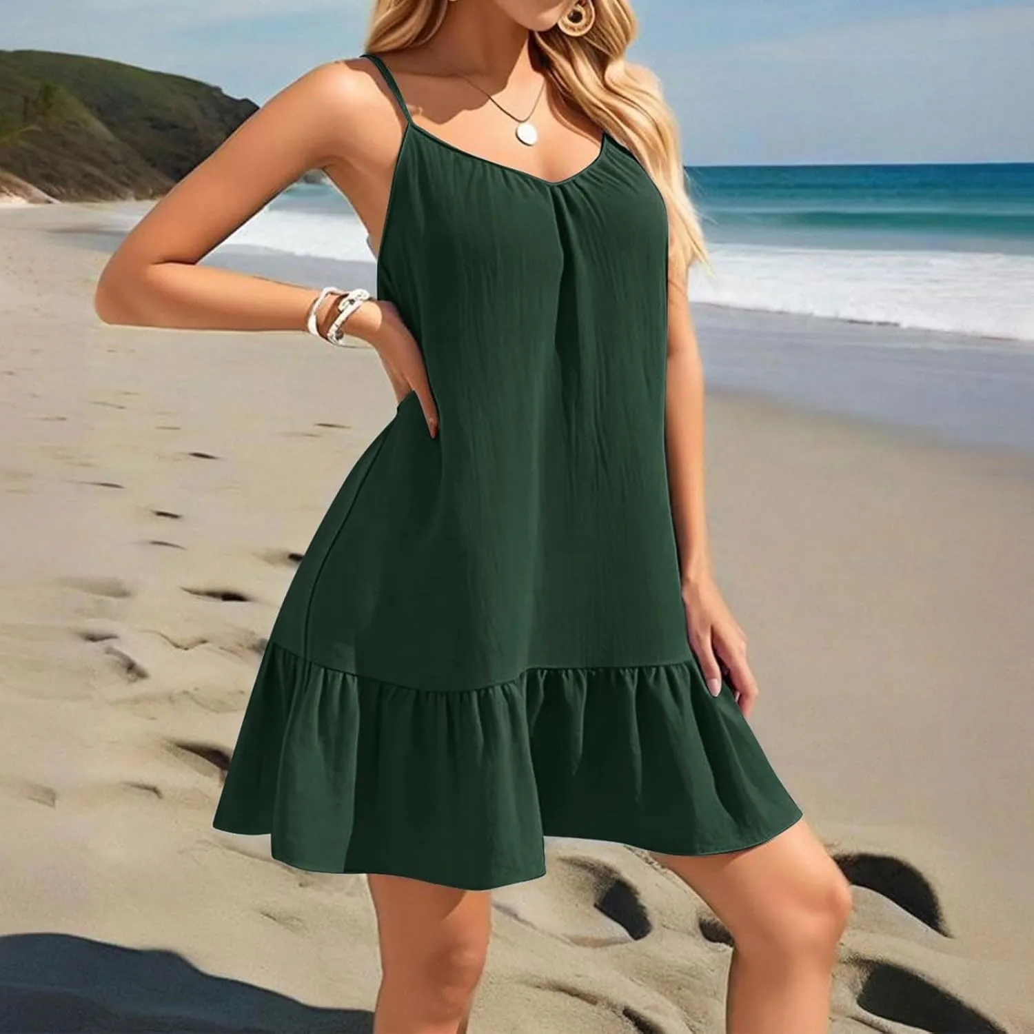 Summer Dresses for Women 2025 Vacation Spaghetti Strap Sleeveless Sexy Mini Dress Ruffle Hem Loose Flowy Beach Dress