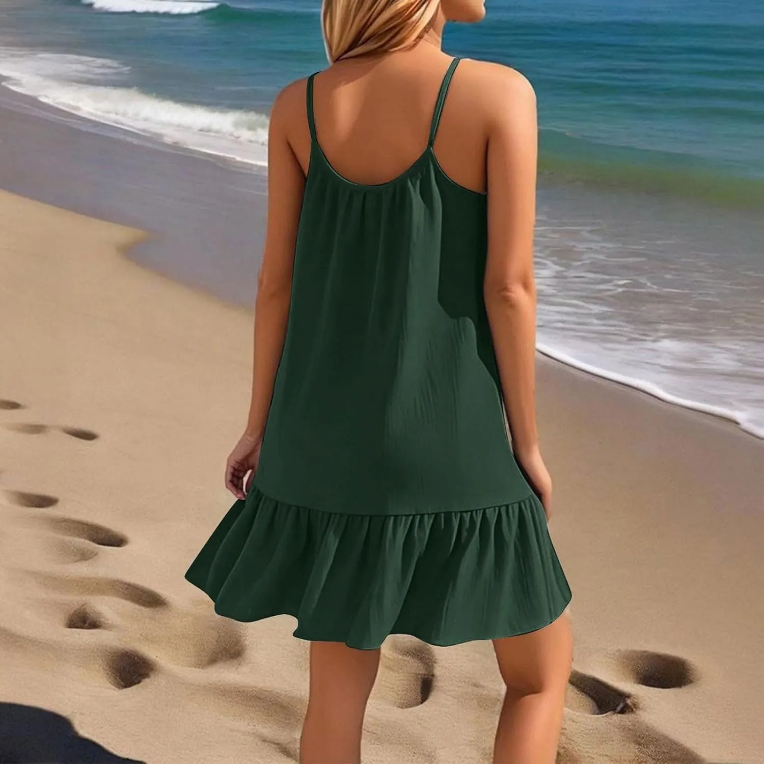 Summer Dresses for Women 2025 Vacation Spaghetti Strap Sleeveless Sexy Mini Dress Ruffle Hem Loose Flowy Beach Dress