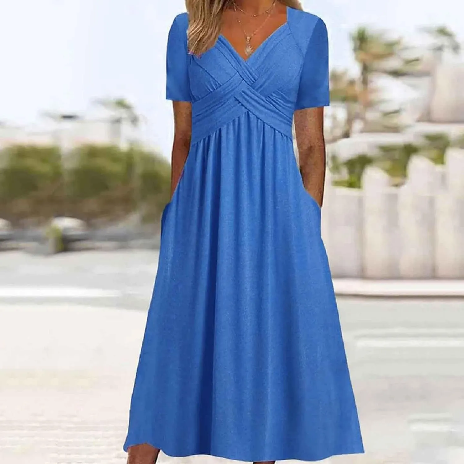 Summer Dresses for Women 2025 Vacation V Neck Short Sleeve Criss Cross Wrap Maxi Dress Flowy Beach Sundress with Pockets
