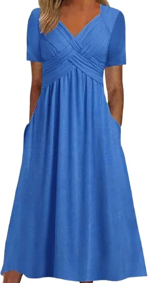 Summer Dresses for Women 2025 Vacation V Neck Short Sleeve Criss Cross Wrap Maxi Dress Flowy Beach Sundress with Pockets