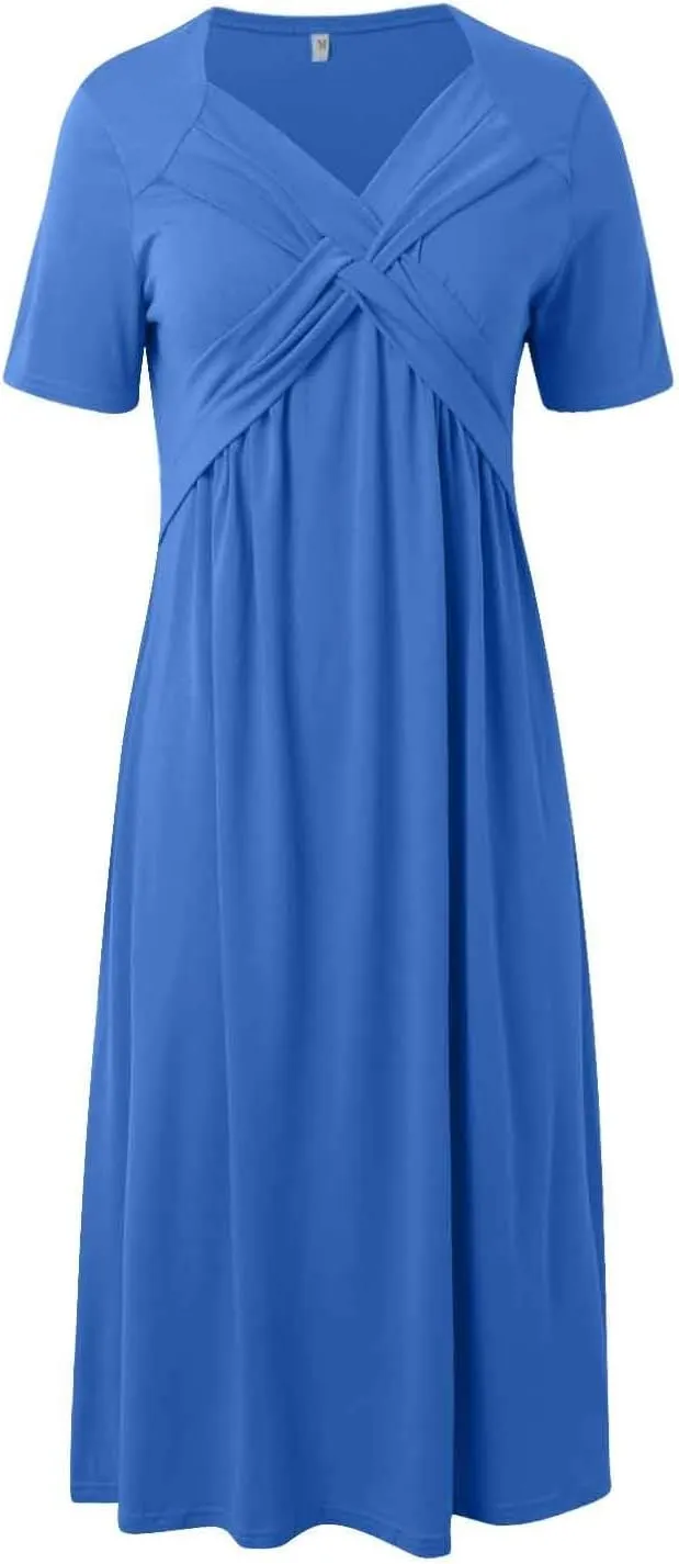 Summer Dresses for Women 2025 Vacation V Neck Short Sleeve Criss Cross Wrap Maxi Dress Flowy Beach Sundress with Pockets