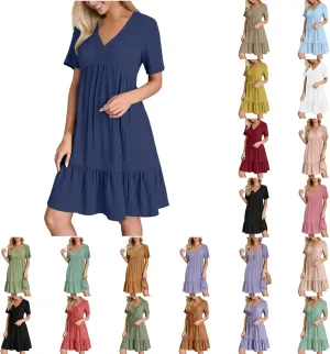 Summer Dresses for Women 2025 Vacation V Neck Short Sleeve Mini T Shirt Dress Pleated Ruffle Flowy Beach Sundresses