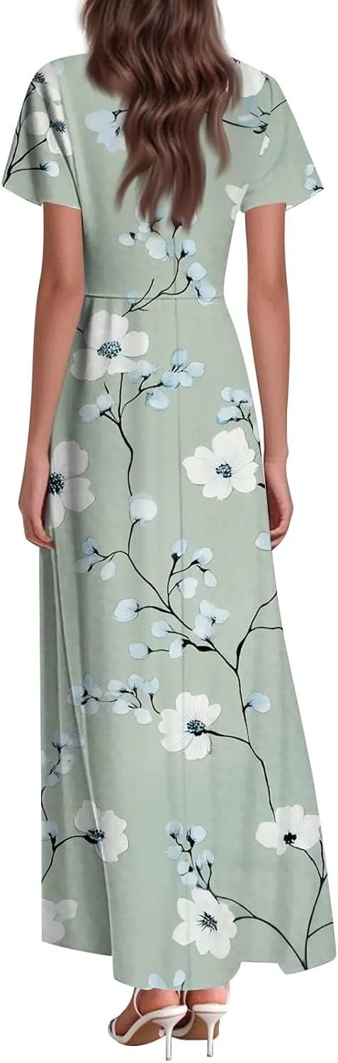Summer Dresses for Women Casual Trendy Short Sleeve V-Neck Floral Print Flowy Boho Maxi Vacation Dress, XS-2XL