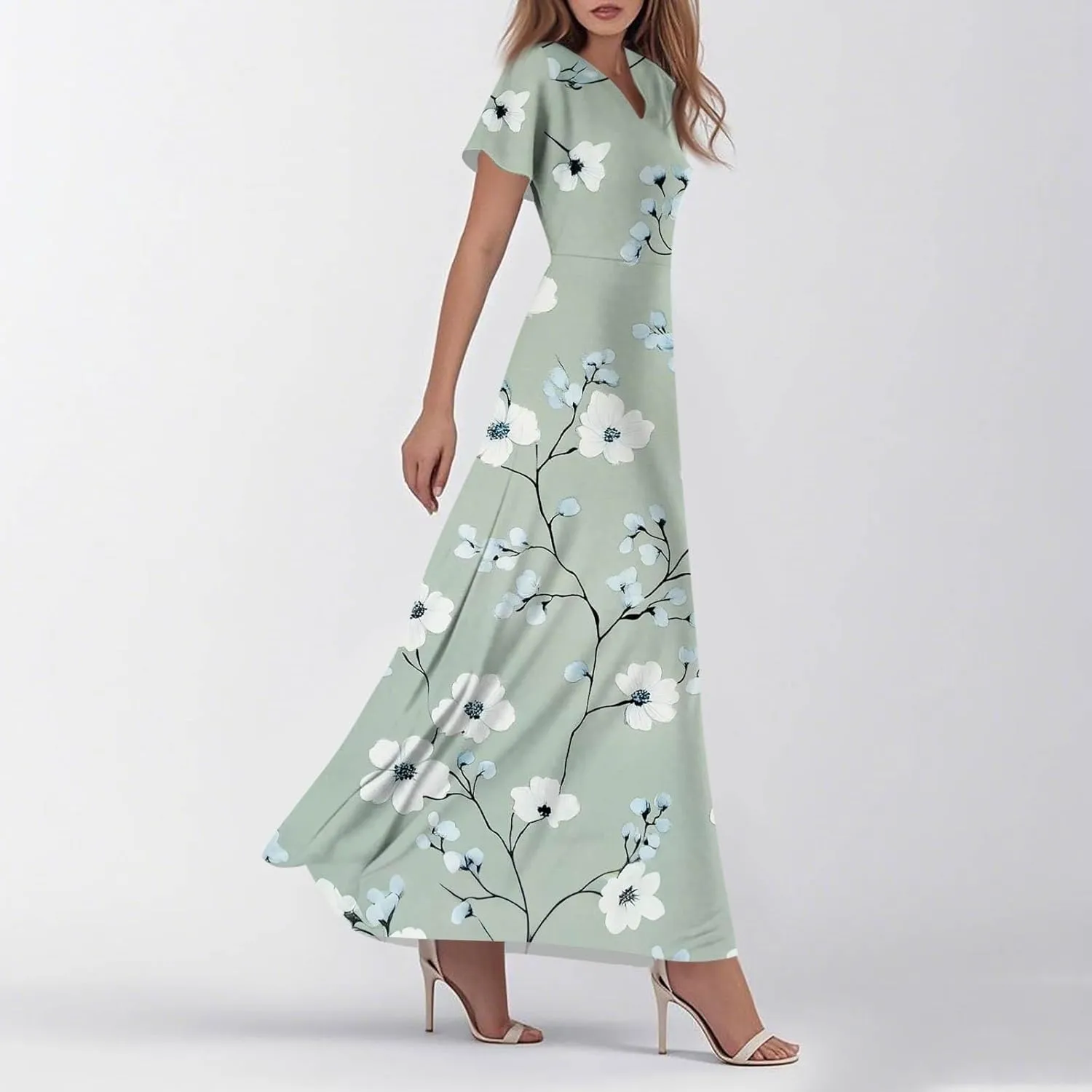 Summer Dresses for Women Casual Trendy Short Sleeve V-Neck Floral Print Flowy Boho Maxi Vacation Dress, XS-2XL