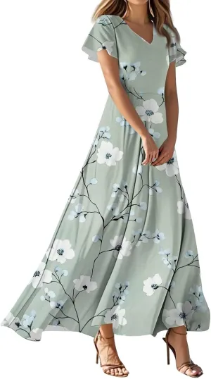 Summer Dresses for Women Casual Trendy Short Sleeve V-Neck Floral Print Flowy Boho Maxi Vacation Dress, XS-2XL