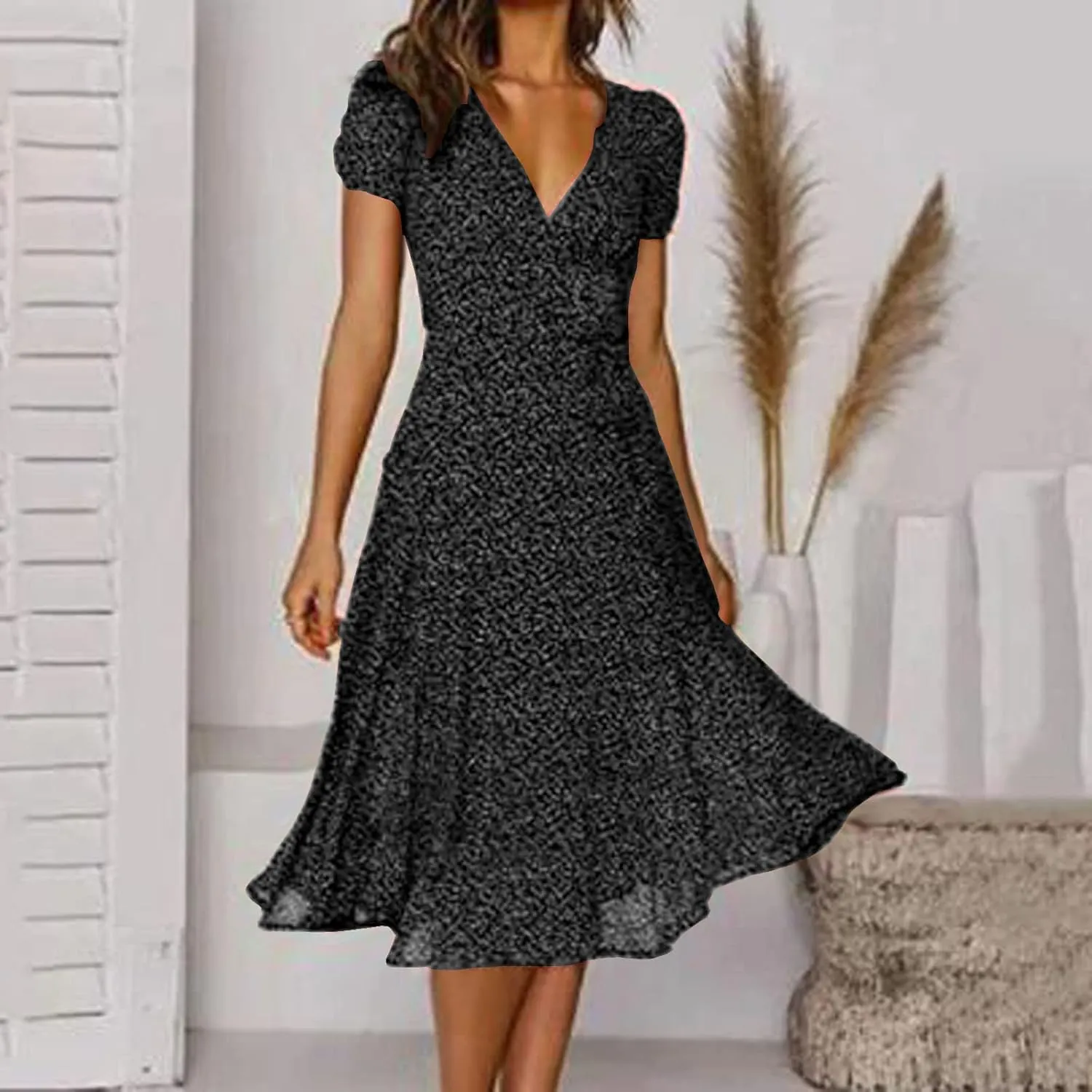 Summer Dresses for Women V-Neck Bandage Print Boho Maxi Dresses Casual Short Sleeve Flowy Swing Hawaiian Dresses