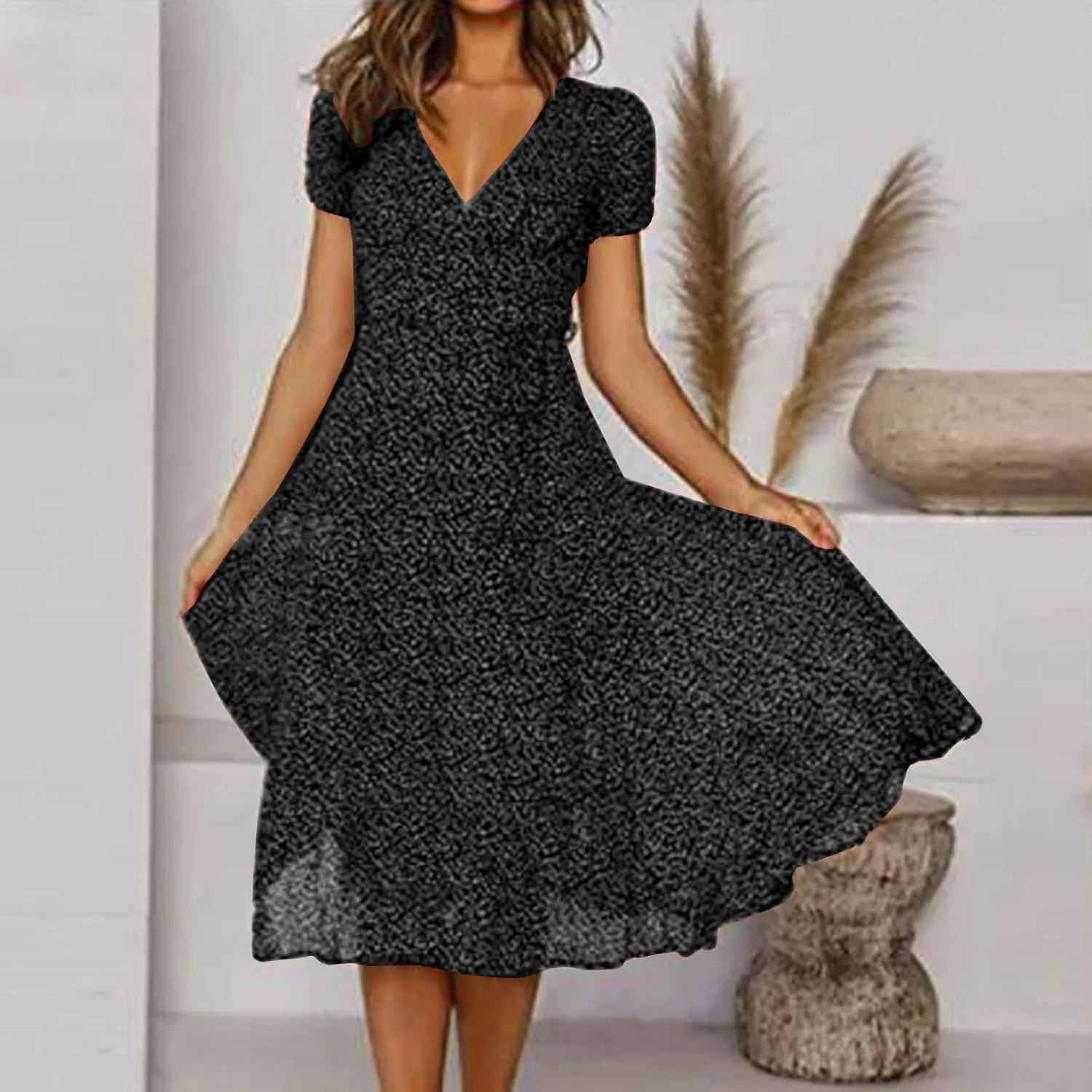 Summer Dresses for Women V-Neck Bandage Print Boho Maxi Dresses Casual Short Sleeve Flowy Swing Hawaiian Dresses