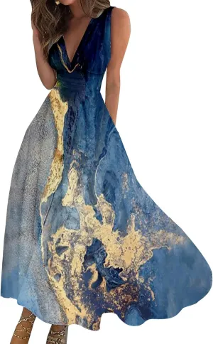 Summer Dresses for Women,Womens Elegant Wrap Deep V Neck Sleeveless Maxi Dress Flowy Beach Vacation Boho Sundresses