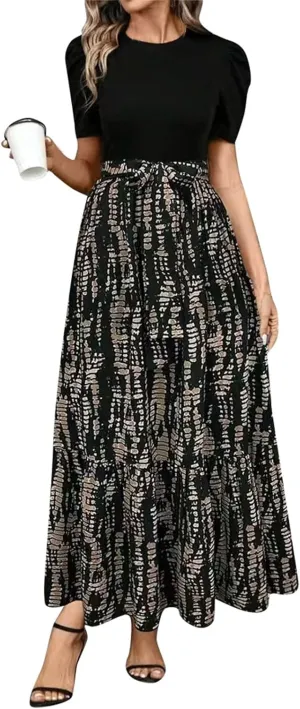 Summer Maxi Dresses for Women 2025 Casual Short Sleeve Floral Dress with Belt Elegant Wedding Guest Long Flowy Sun Dresses