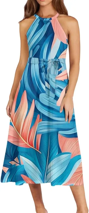Summer Midi Halter Floral Dresses for Women 2025 Vacation Tie Empire Waist Flowy A Line Sundress Sleeveless Frocks