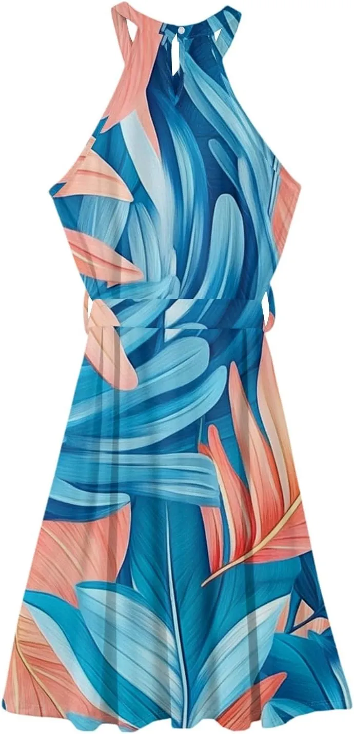Summer Midi Halter Floral Dresses for Women 2025 Vacation Tie Empire Waist Flowy A Line Sundress Sleeveless Frocks