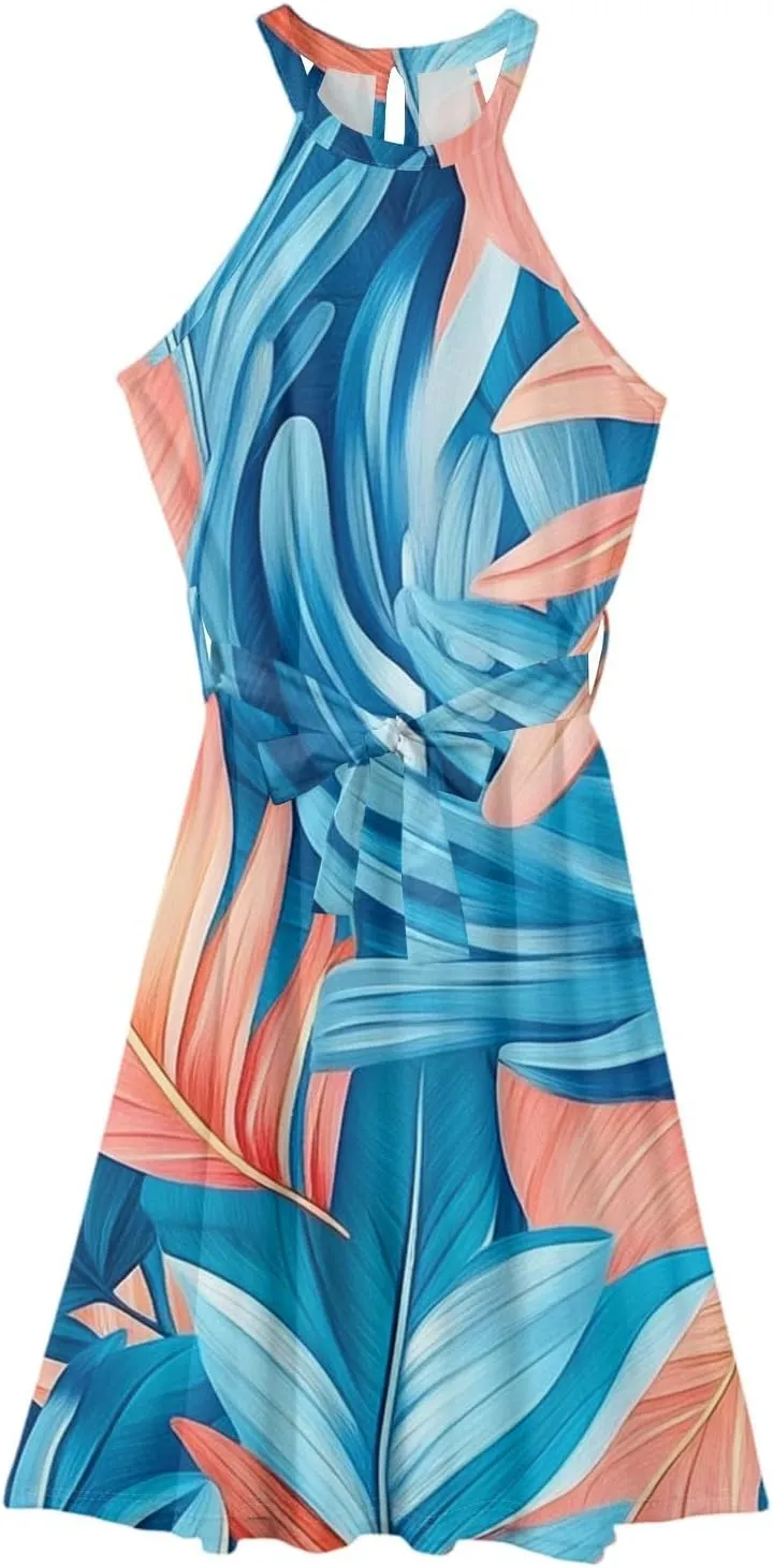 Summer Midi Halter Floral Dresses for Women 2025 Vacation Tie Empire Waist Flowy A Line Sundress Sleeveless Frocks