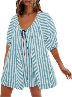 Summer Rompers for Women Striped Puff Sleeve Mini Shorts Romper Dress V Neck Jumpsuits Boho Beach Vacation Outfits