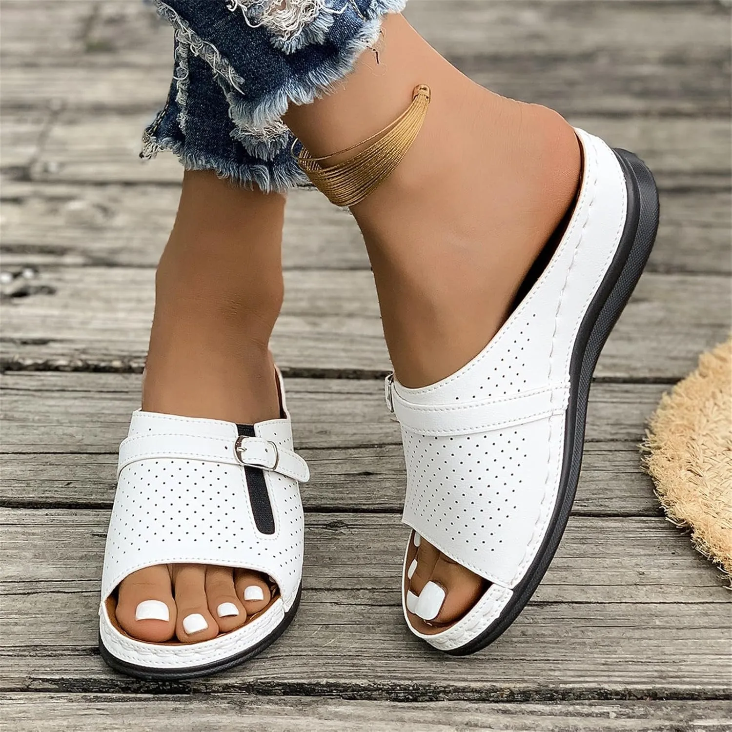 Summer Sandals for Women 2025 Platform Wedge Comfortable Arch Support Slides Open Toe Wide Width Orthotic Leather Sandals