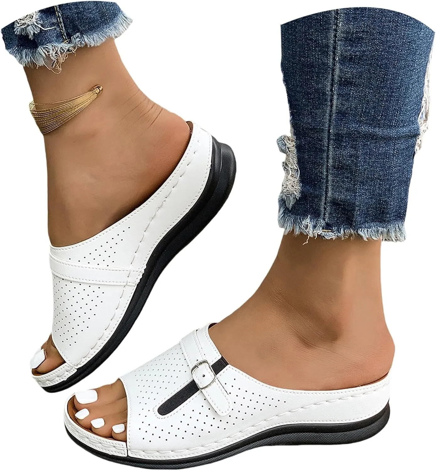 Summer Sandals for Women 2025 Platform Wedge Comfortable Arch Support Slides Open Toe Wide Width Orthotic Leather Sandals