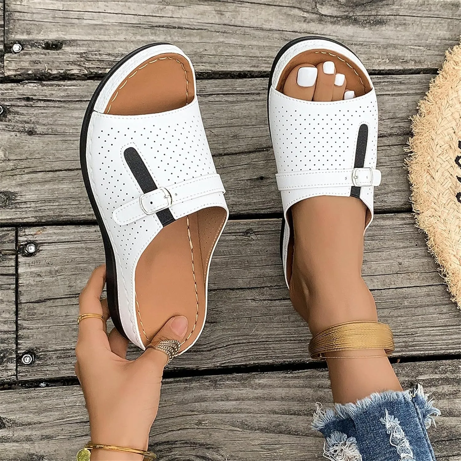 Summer Sandals for Women 2025 Platform Wedge Comfortable Arch Support Slides Open Toe Wide Width Orthotic Leather Sandals