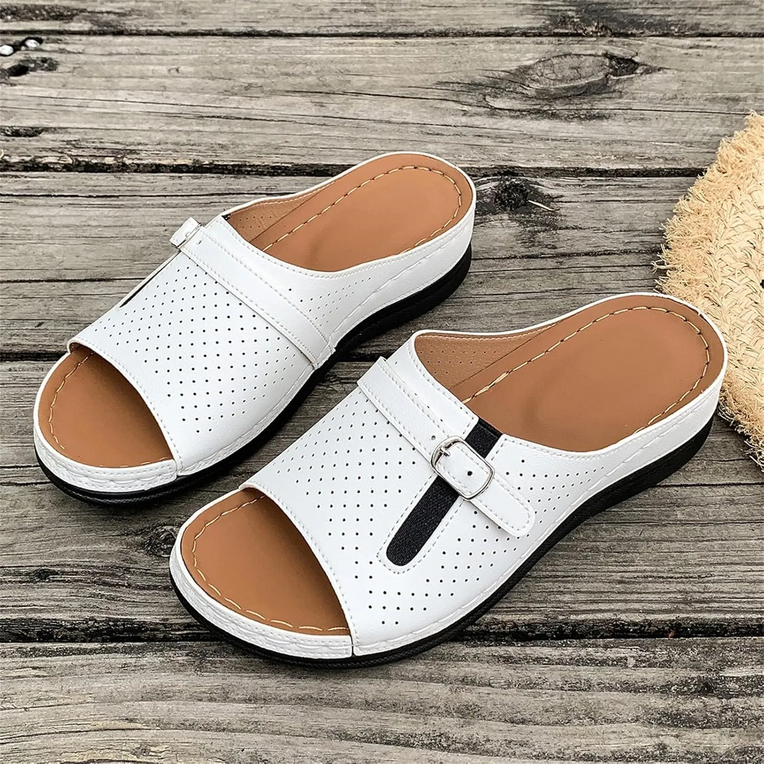 Summer Sandals for Women 2025 Platform Wedge Comfortable Arch Support Slides Open Toe Wide Width Orthotic Leather Sandals