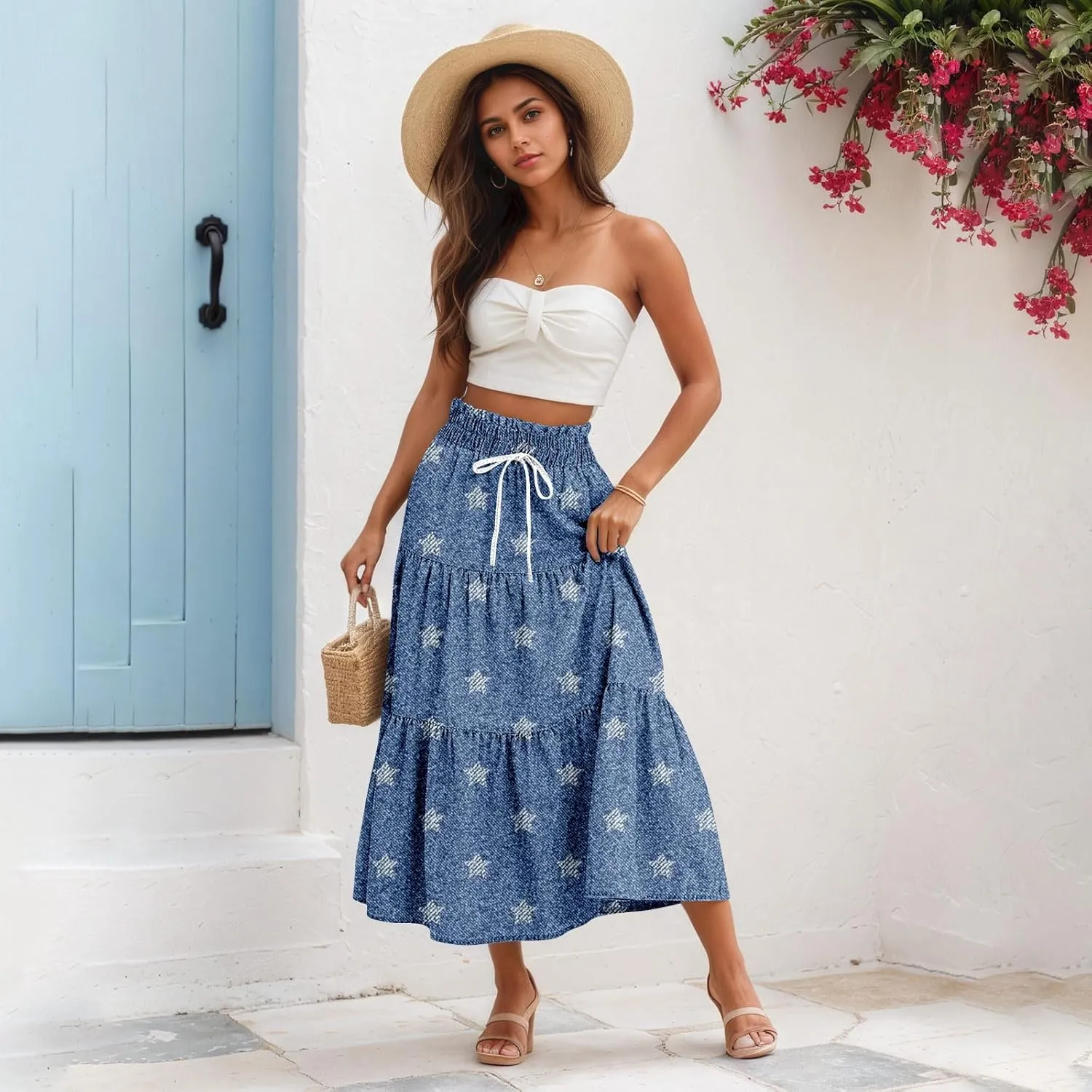 Summer Skirts for Women Midi Length Aline Ruffle Skirt Drawstring High Waisted Long Denim Skirts Casual Beach Outfits