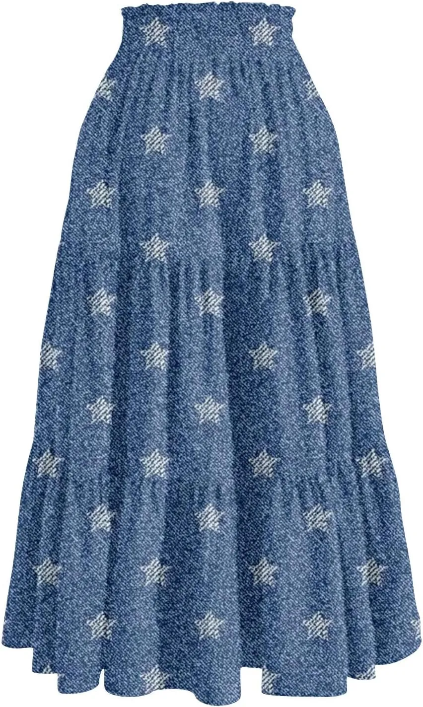 Summer Skirts for Women Midi Length Aline Ruffle Skirt Drawstring High Waisted Long Denim Skirts Casual Beach Outfits