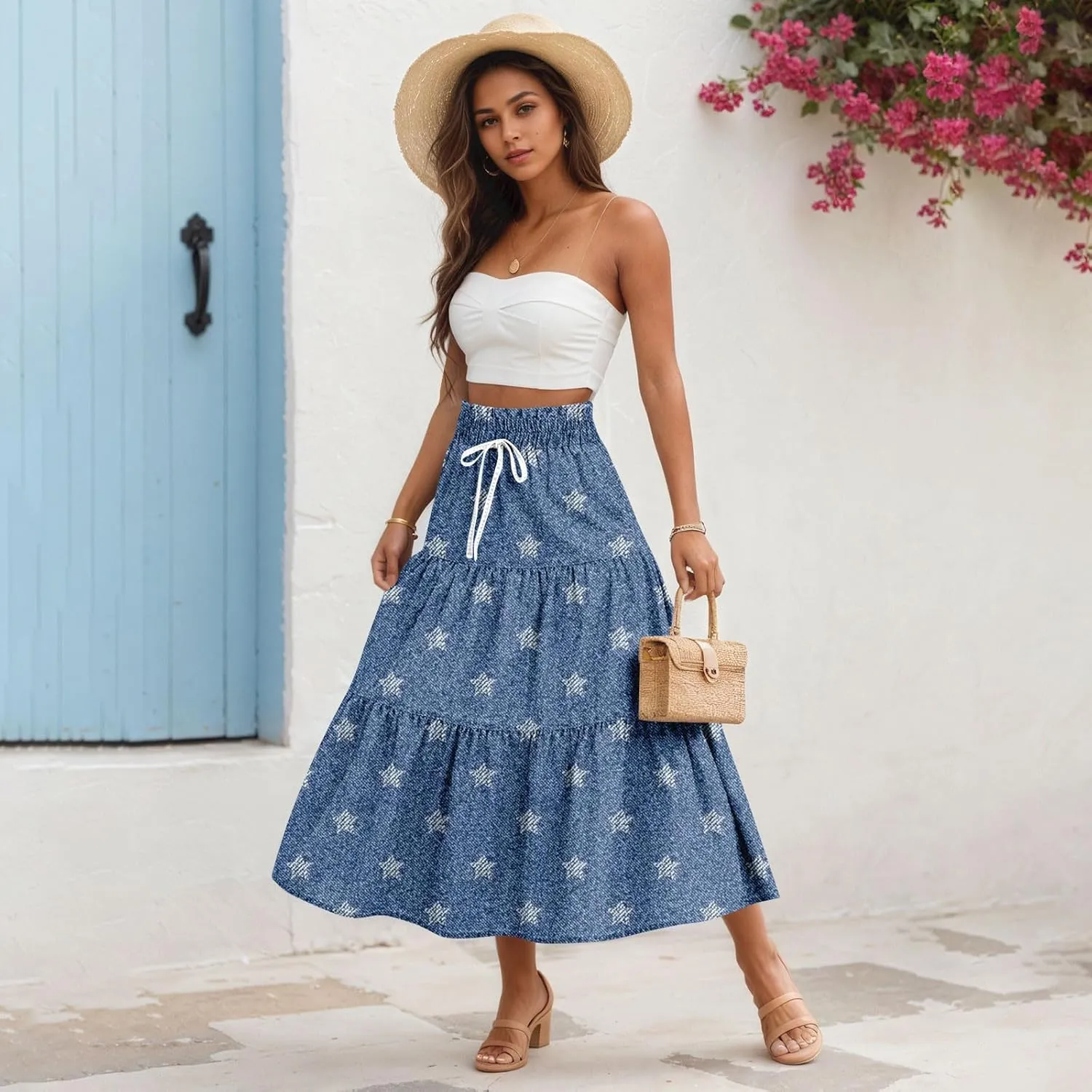 Summer Skirts for Women Midi Length Aline Ruffle Skirt Drawstring High Waisted Long Denim Skirts Casual Beach Outfits