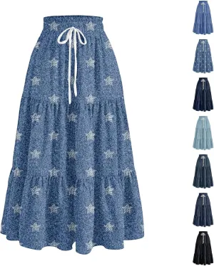 Summer Skirts for Women Midi Length Aline Ruffle Skirt Drawstring High Waisted Long Denim Skirts Casual Beach Outfits