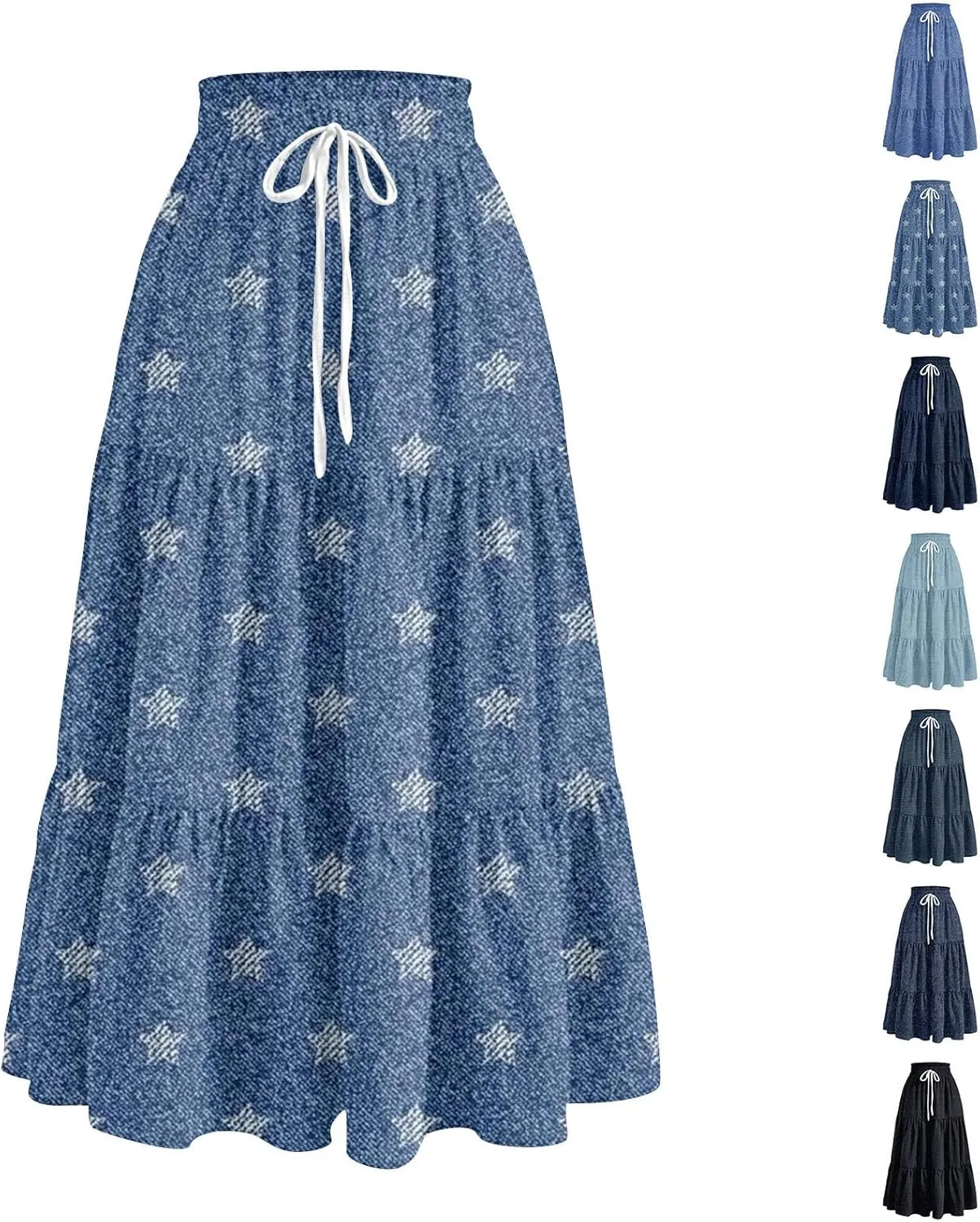 Summer Skirts for Women Midi Length Aline Ruffle Skirt Drawstring High Waisted Long Denim Skirts Casual Beach Outfits